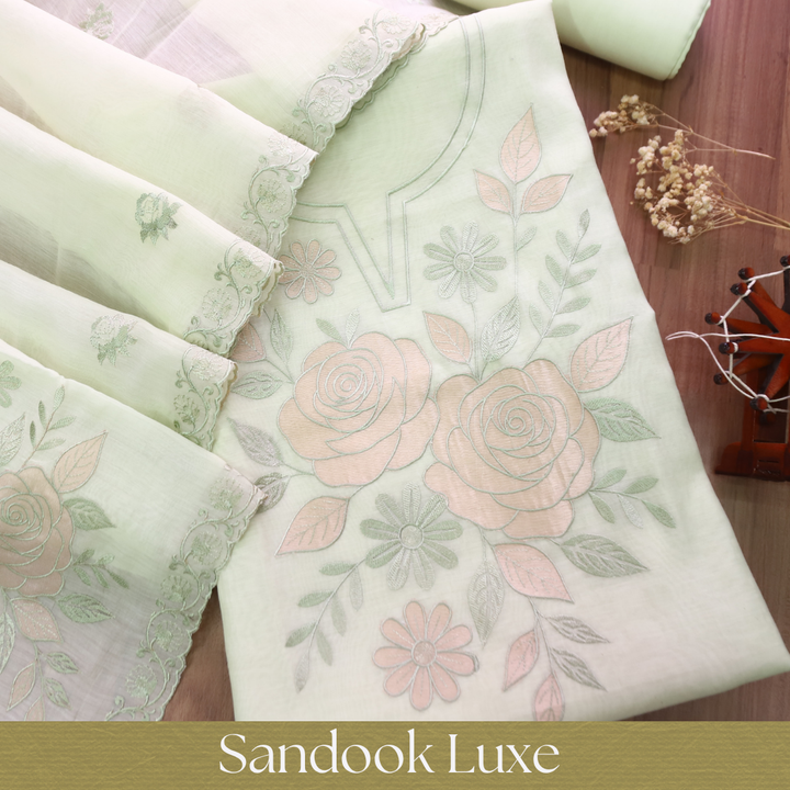 Maria Mint Green Embroidery and Zari Mul Chanderi Set