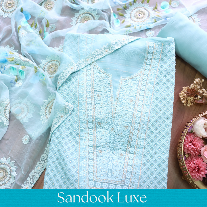 Nushrat Powder Blue All Over Thread Work Georgette Suit Set