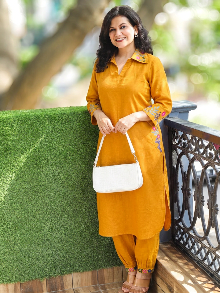 Ashmita Dandelion Yellow Collar Neck Cotton 2 Piece Set