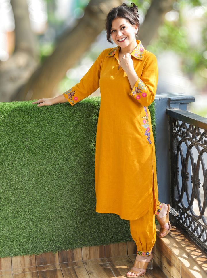 Ashmita Dandelion Yellow Collar Neck Cotton 2 Piece Set