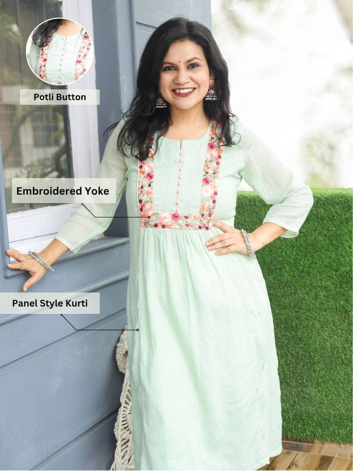Emily Mint Green Embroidered Kota Doriya Kurti