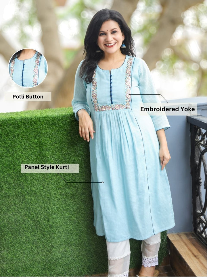 Emily Powder Blue Embroidered Kota Doriya Kurti