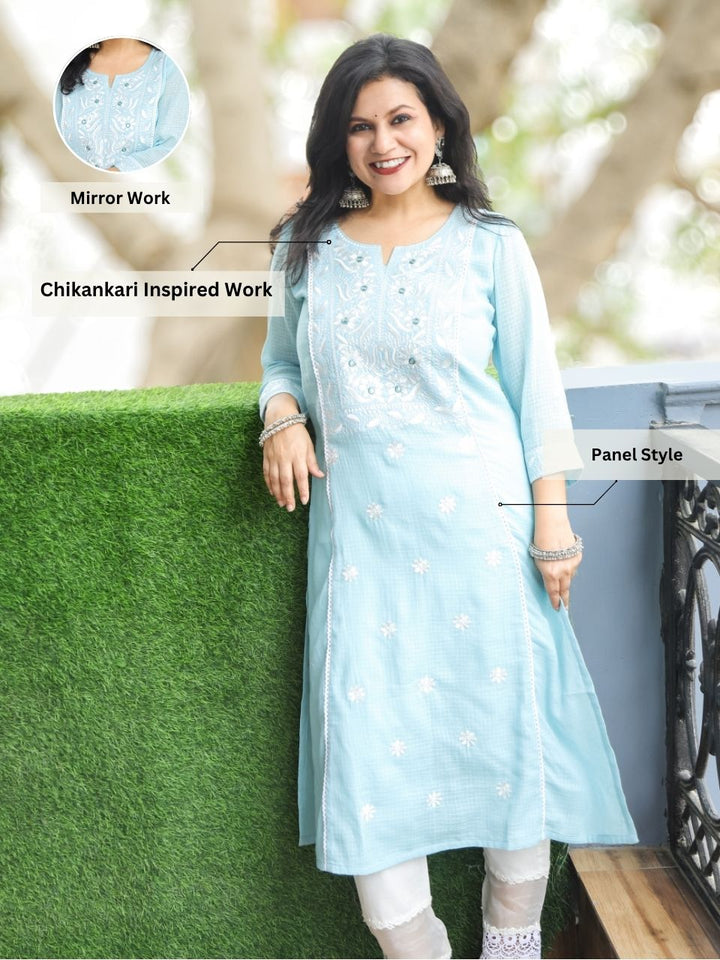 Sara Powder Blue Chikankari Kota Doriya Kurti