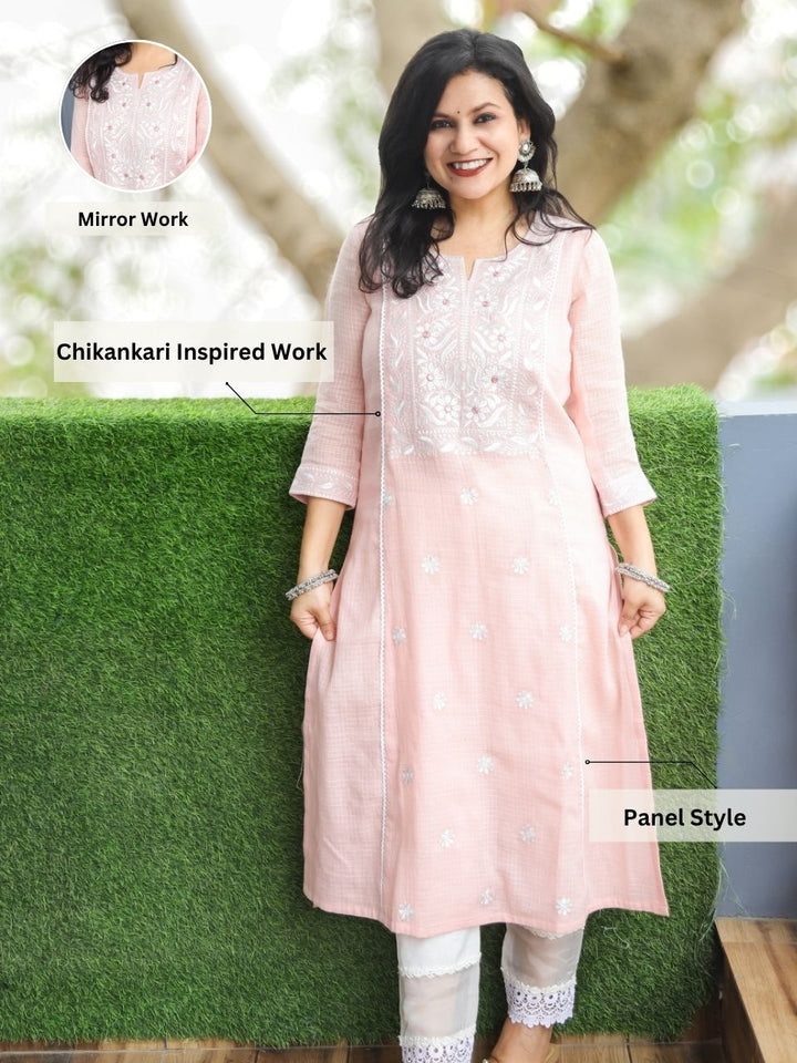 Sara Pastel Peach Chikankari Kota Doriya Kurti