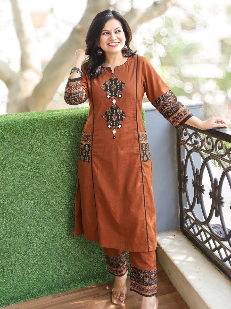 Karishma Burnt Rust Ajrakh Patch with Mirror Panel Style Cotton Co-ord Set