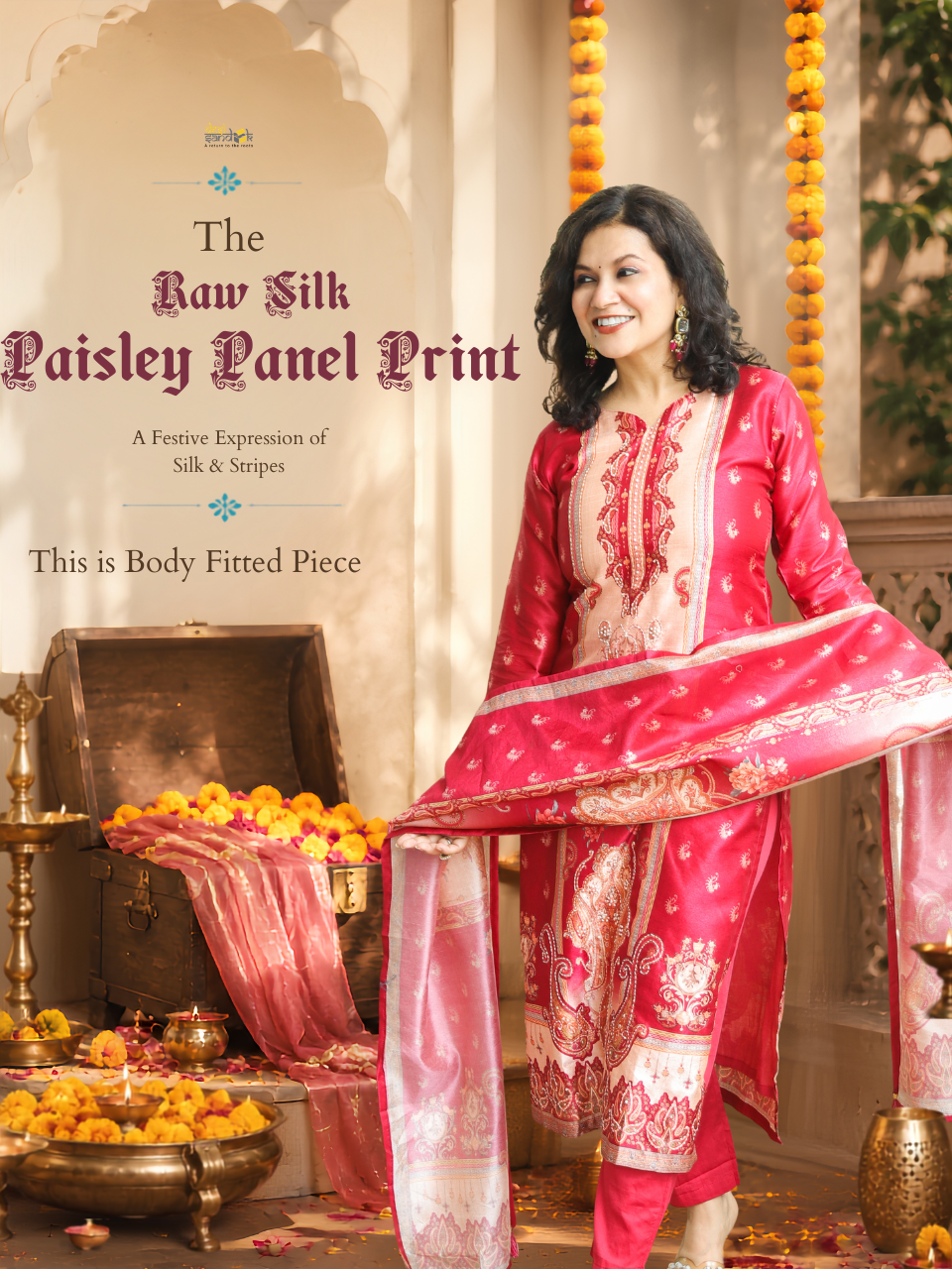 Geet Bride Red Paisley Panel Printed Raw Silk 3 Piece Set