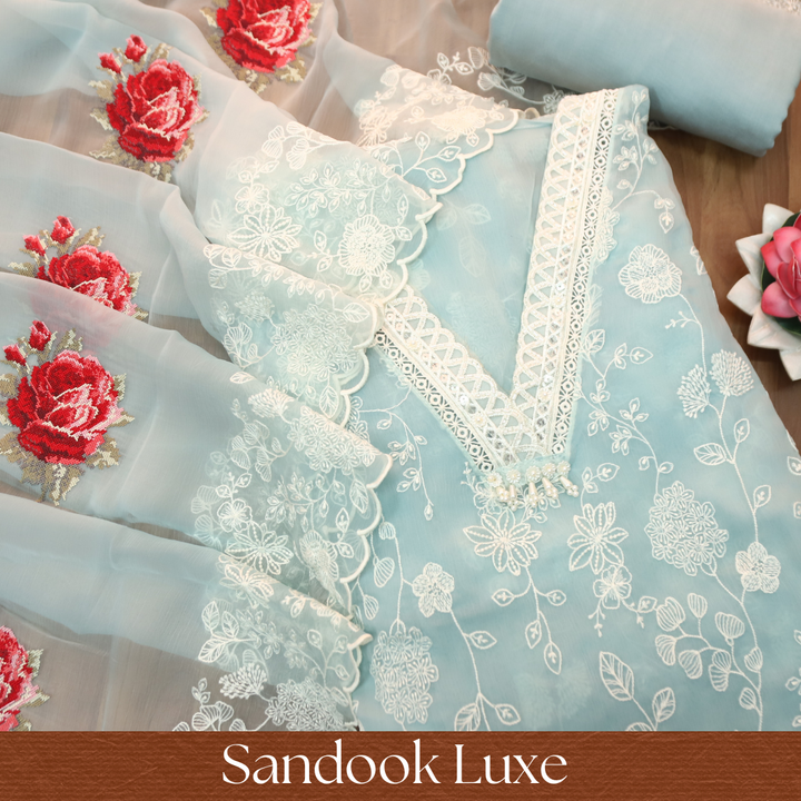 Julia Powder Blue Thread Embroidered with Kardana Chinon Set