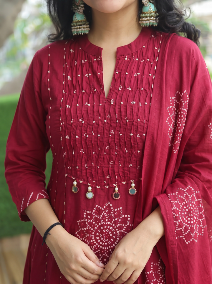 Tanishka Maroon Wine Pintuck Bandani Cotton 3 Piece Set