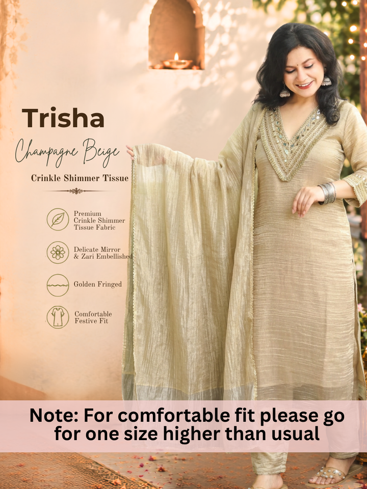 Trisha Champagne Beige Embellished Crinkle Shimmer Tissue Set
