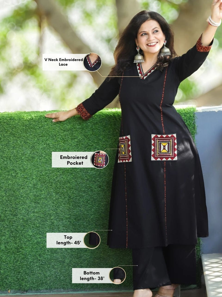 Saiyara Ebony Black V Neck Lace Work with Embroiered Pocket Cotton 2 Piece Set