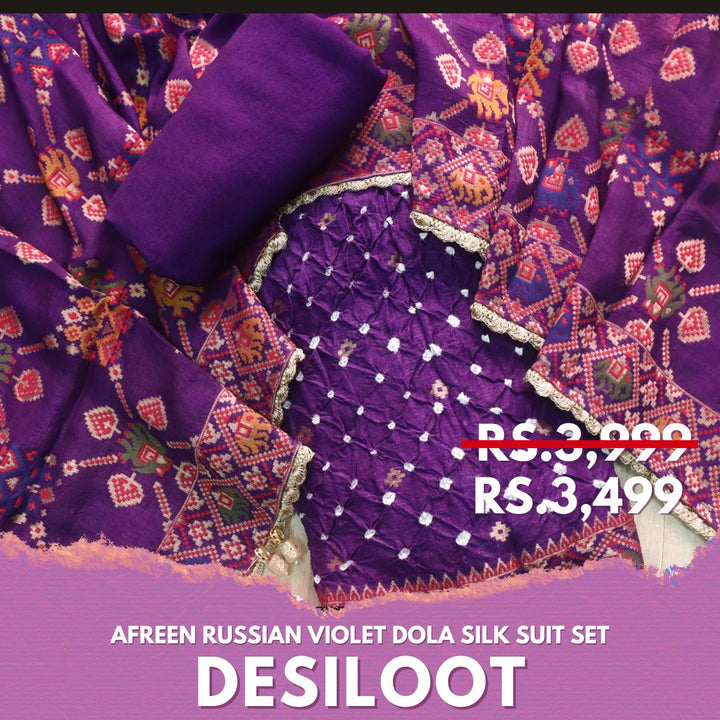 Afreen Russian Violet Bandhej Work with Thread Weaved Hem Dola Silk Suit Set