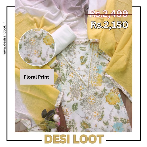 Mukhtar White with Yellow Floral Print V Embellished Neck Cotton Suit Set