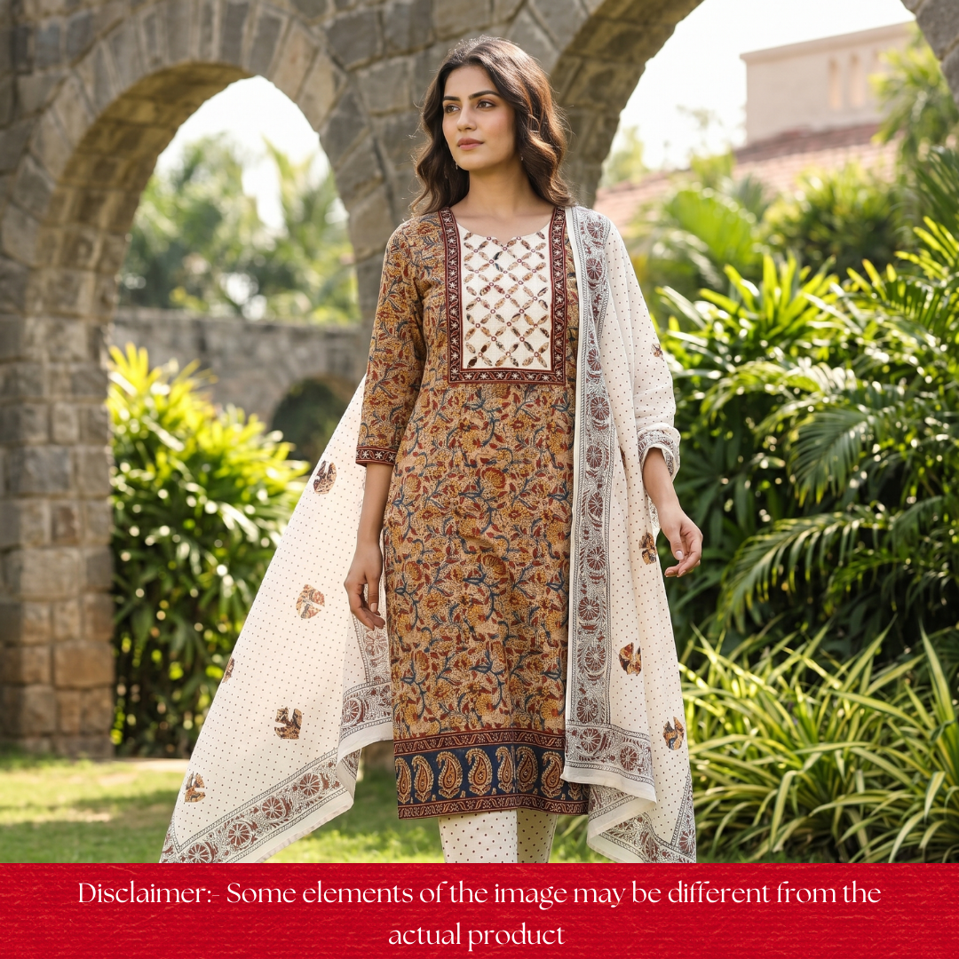 Khushi Red Kalamkari Printed Applique Yoke Cotton Set