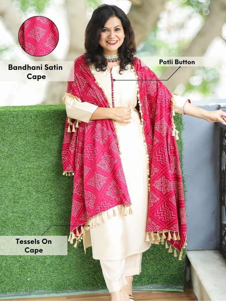 Gharana Cream Roman Silk Suit Set with Bandhani Print Pink Cape
