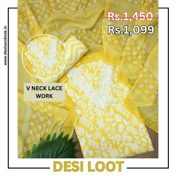 Gulbahar Sunflower Yellow V Neck Lace Work Floral Printed Cotton Suit Set