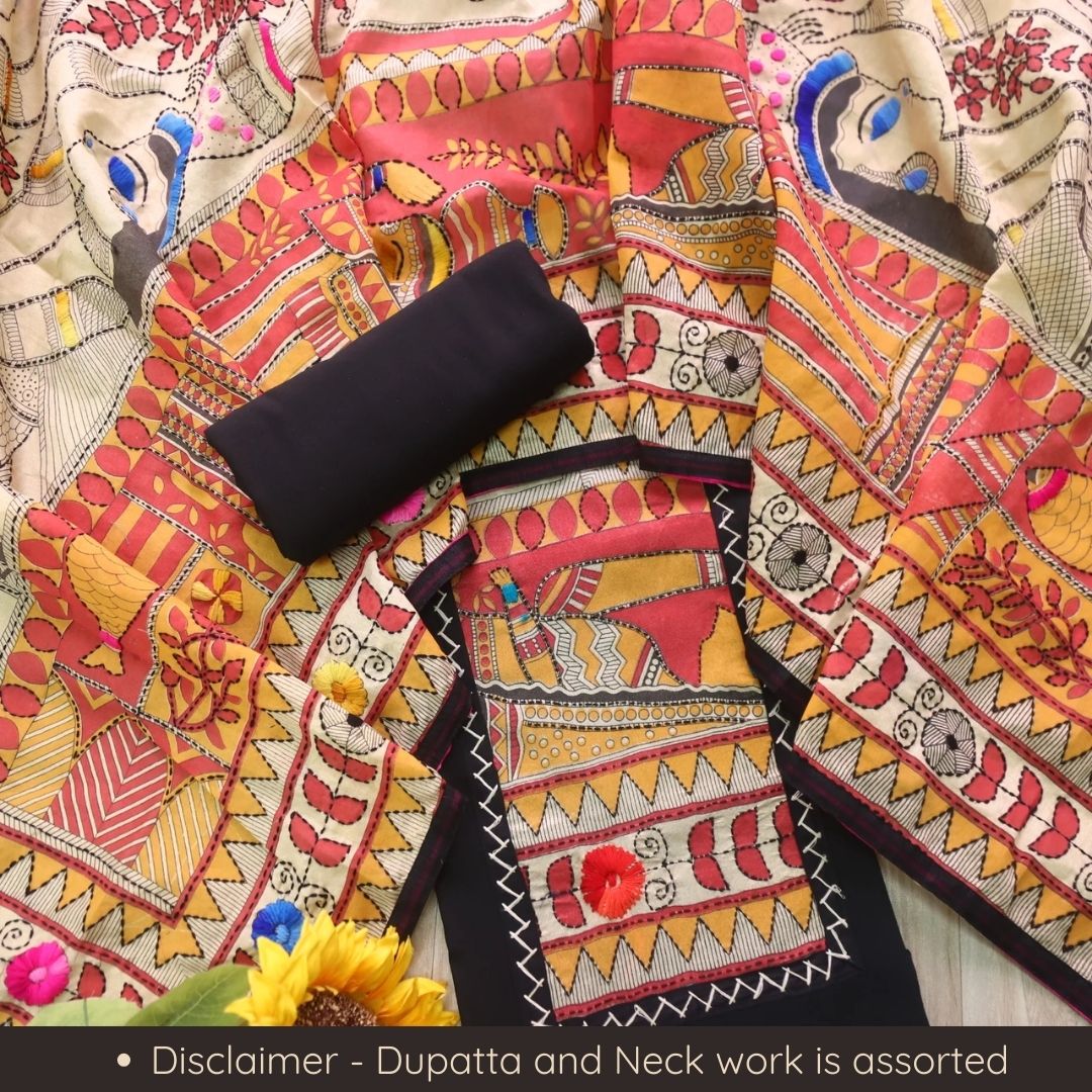 Pankhudi Black Phulkari Work Glazed Cotton Top With Art Silk Dupatta