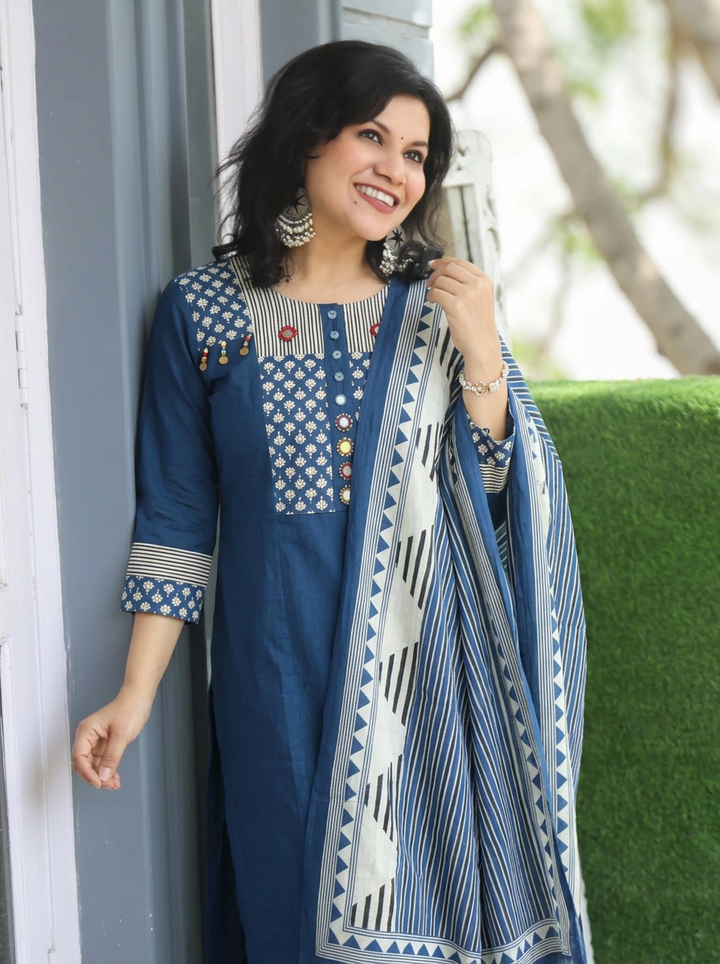 Jessica Sapphire Blue Mirror Yoke Cotton 3 Piece Set