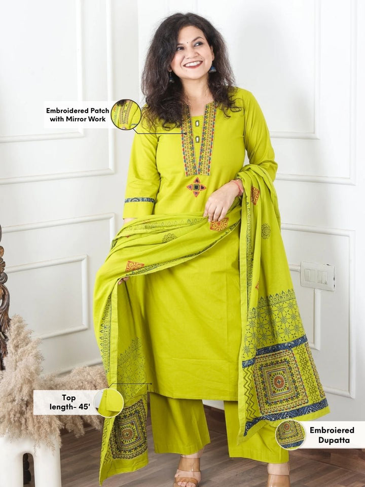 Satvi Lemon Mint Green Blue Embroidered Patch with Mirror Work Cotton 3 Piece Set