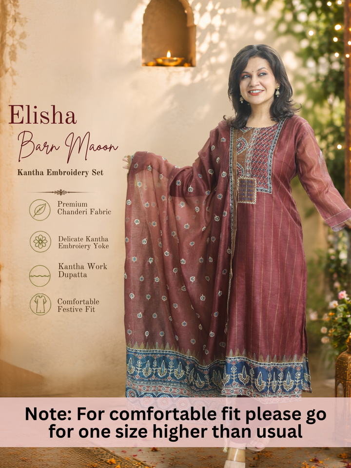 Elisha Barn Maroon Kantha Embroidered Chanderi 3 Piece Set