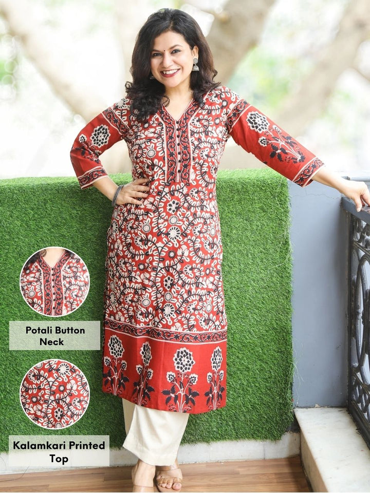 Pankhudi Berry Red Potli Button Neck Work Kalamkari Floral Printed Cotton Kurti