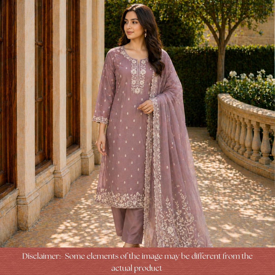 Saloni Heliotrope Lilac Thread Embroidered Mul Cotton Set
