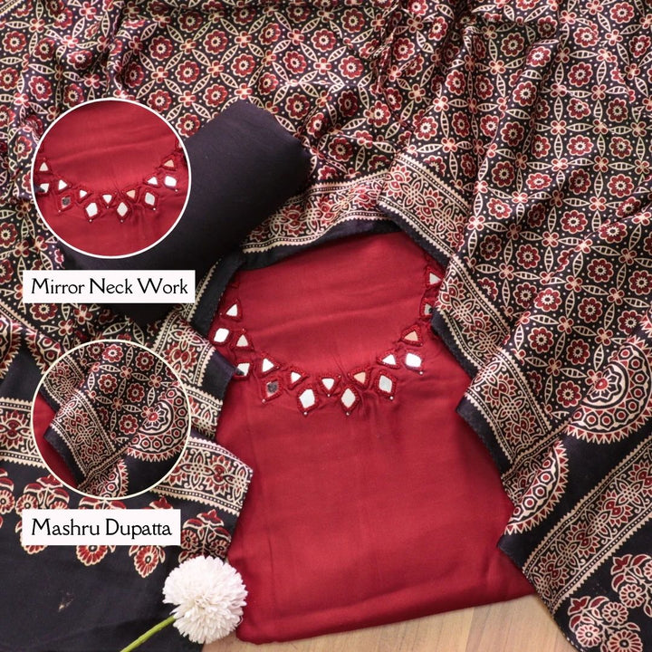 Ishaani Bride Red Mirror Neck Work Modal Suit Set with Mashru Dupatta