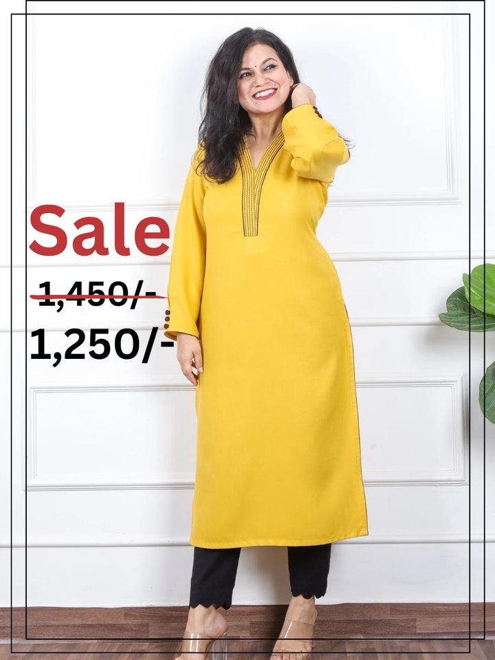 इश्किया Sunshine Yellow Running Thread Neck Work Semi Pashmina Winter Kurti