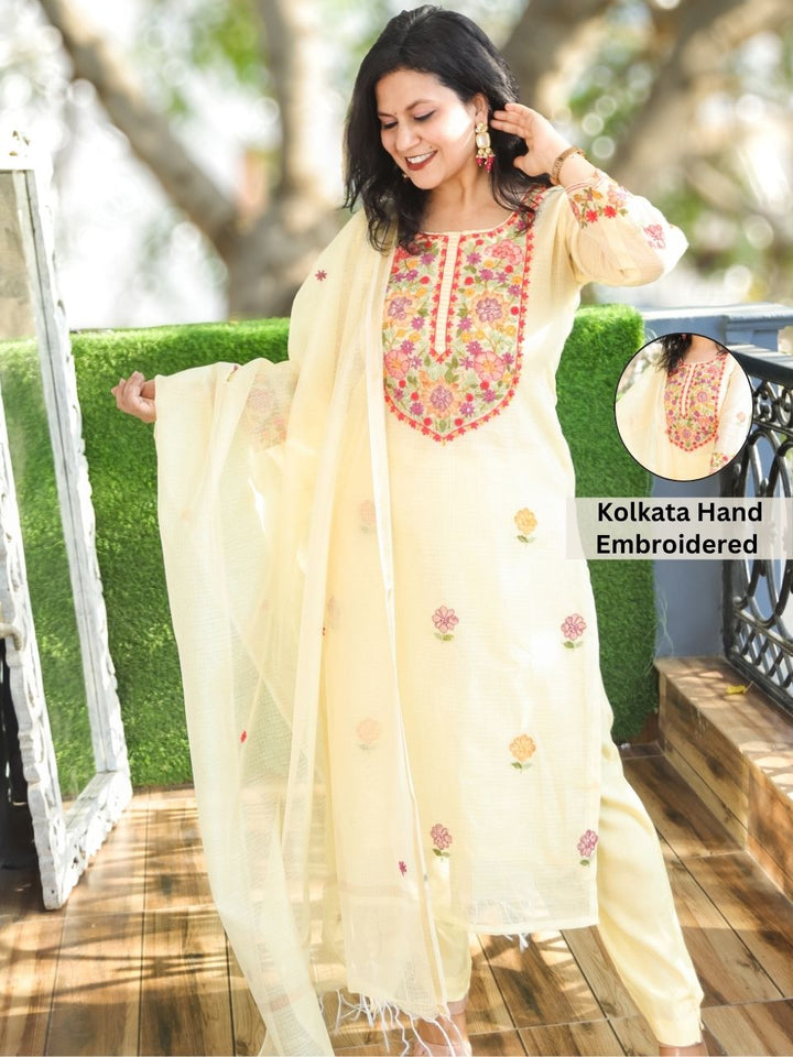 Jane Yellow Kolkata Hand Embroidery Kota Doriya Set
