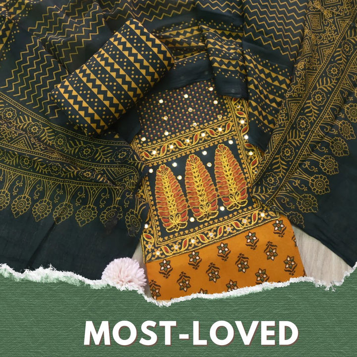 Sanak Mustard Yellow Mirror Work Neck Ajrak Printed Cotton Suit Set D1