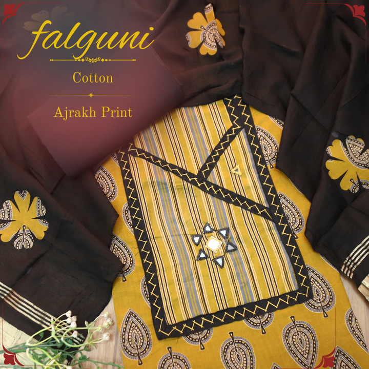 Falguni Dijon Yellow Angrakha Neck with Mirror Work Ajrakh Cotton Set