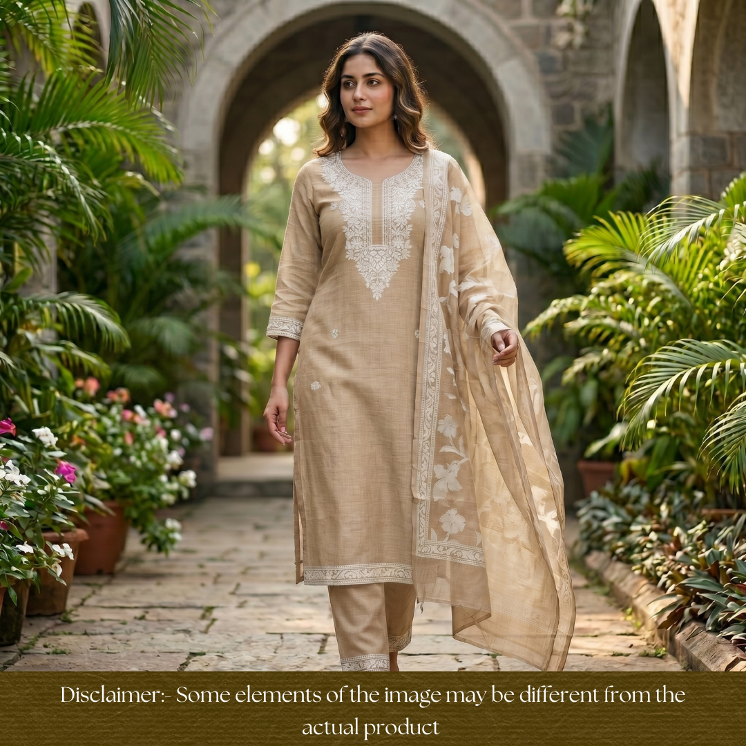 Rubina Sand Beige Authentic Jamdani Weaved Neck Chanderi Set