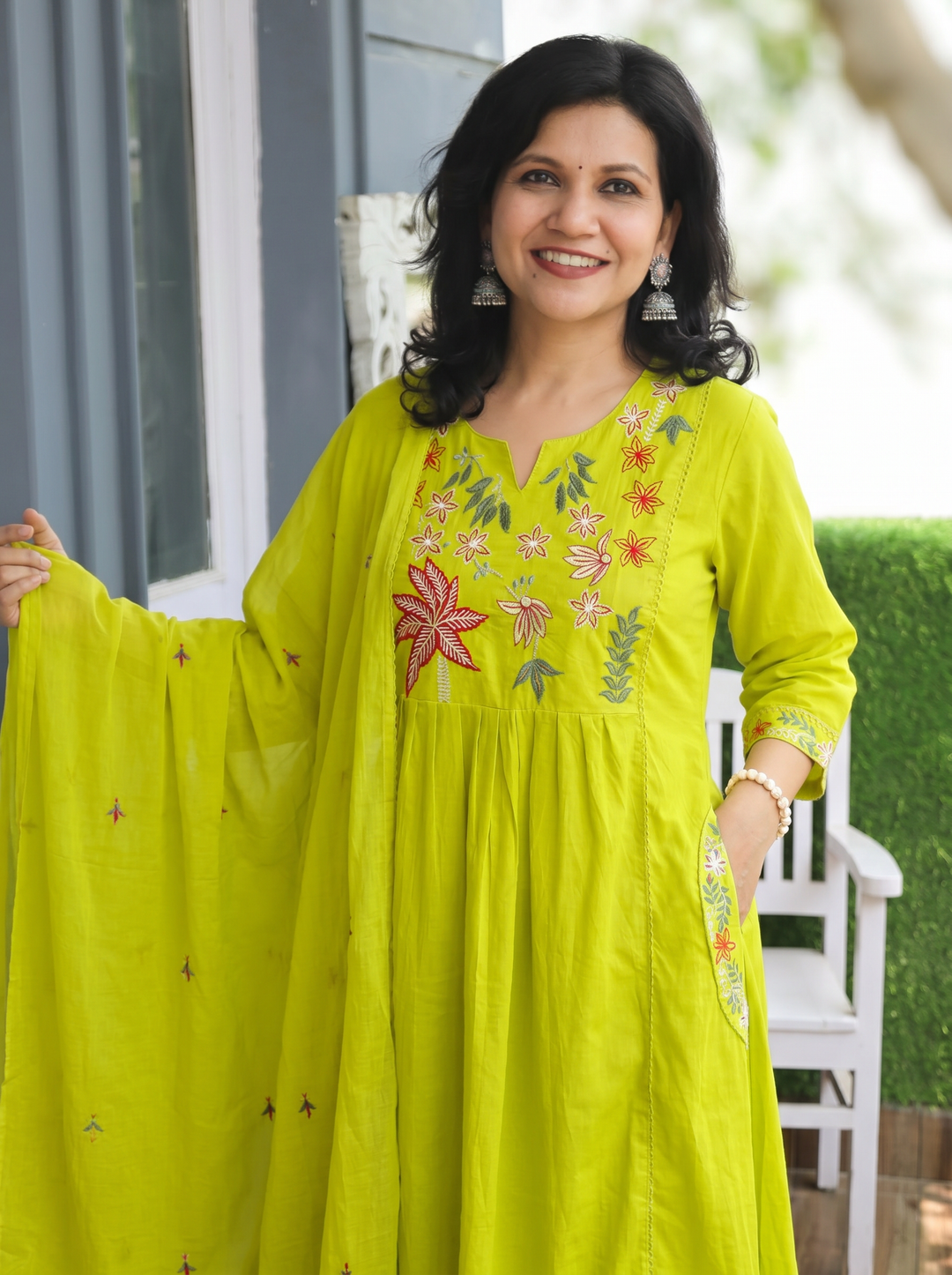Shiwangi Neon Green Blue Embroidered Mul Cotton 3 Piece Set