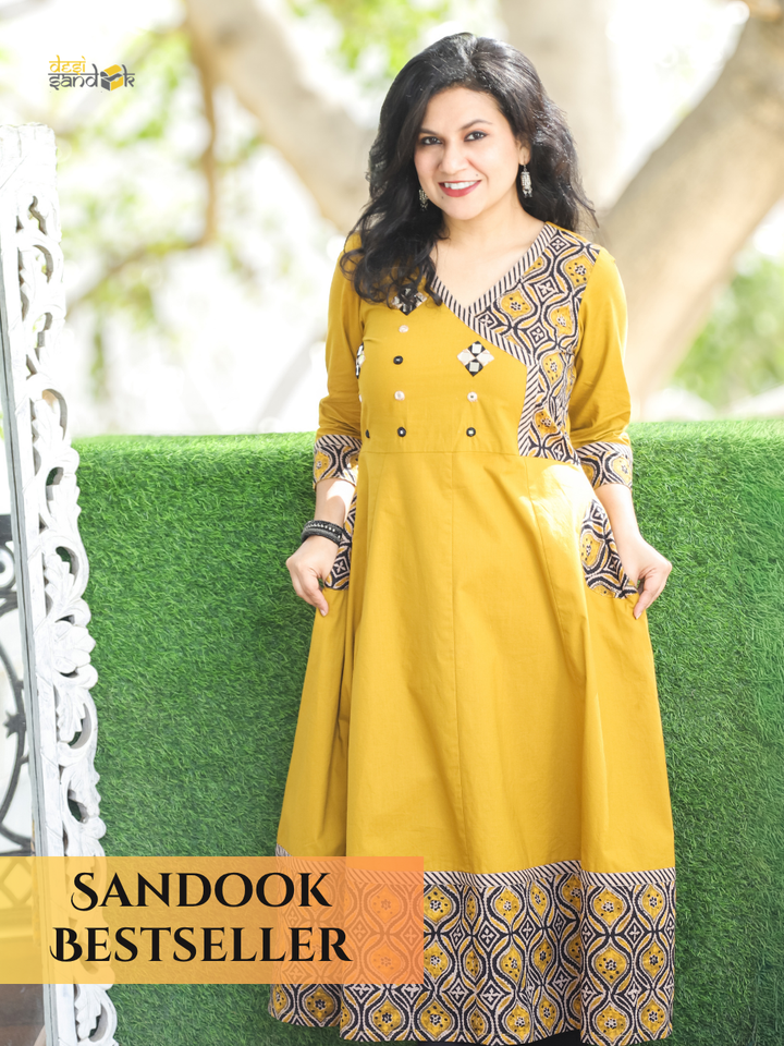 Sunaira Yellow Mirror in Angrakha with Ajrak Patch Printed Hem Anarkali Cotton Kurti