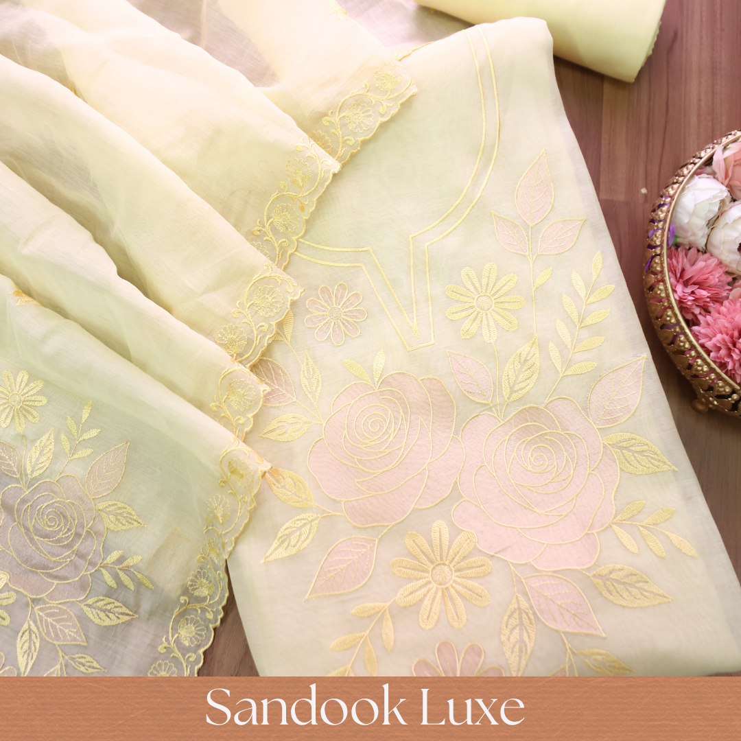 Maria Butter Yellow Embroidery and Zari Mul Chanderi Set