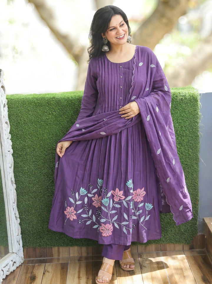 Surbhi Jamun Purple Embroidered Mul Chanderi 3 Piece Set