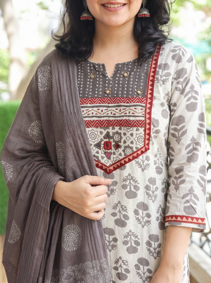 Muskaan Beige Latte Dabu Printed 3 Piece Set