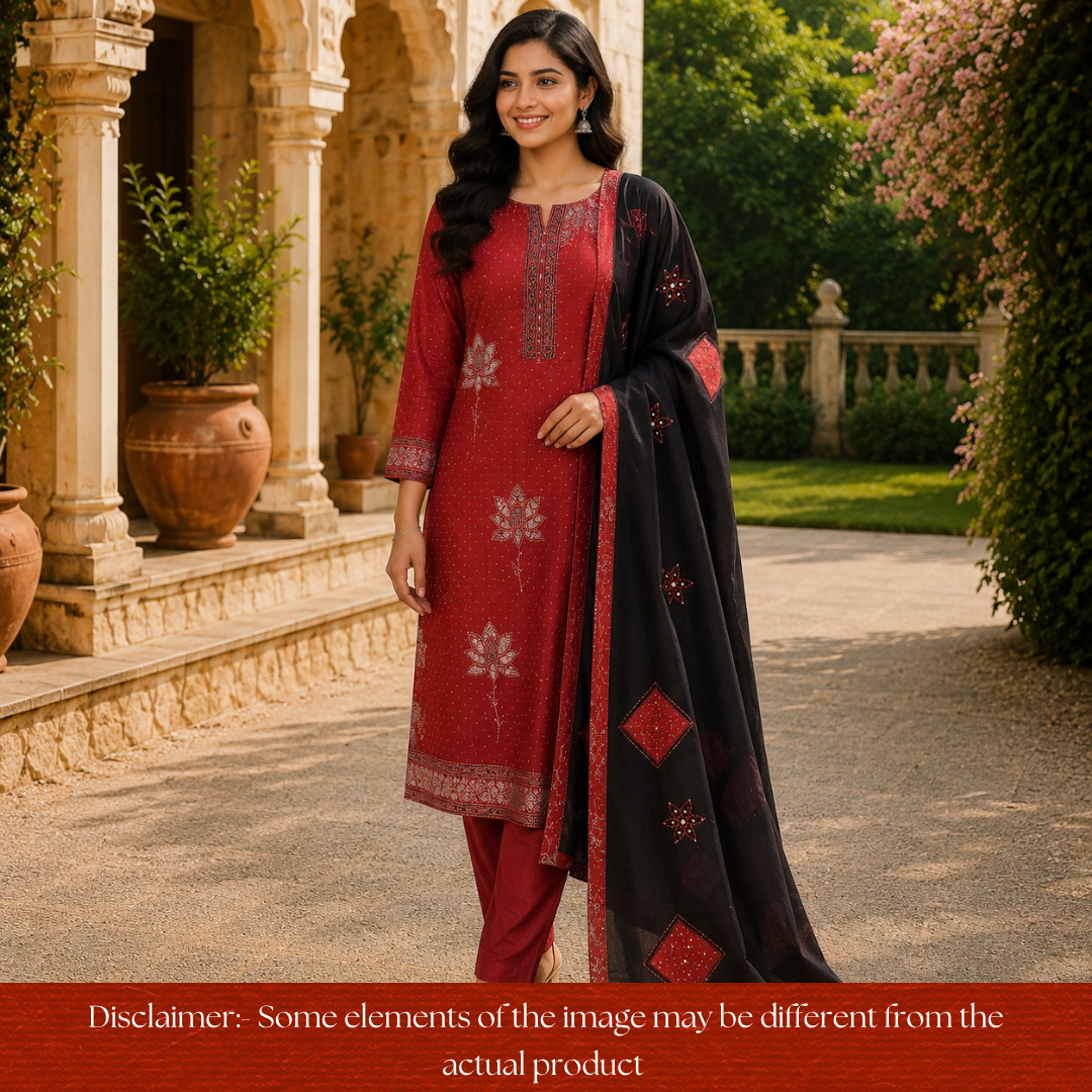 Saloni Bride Red Ajrak Floral Print with Thread Hem Cotton Set