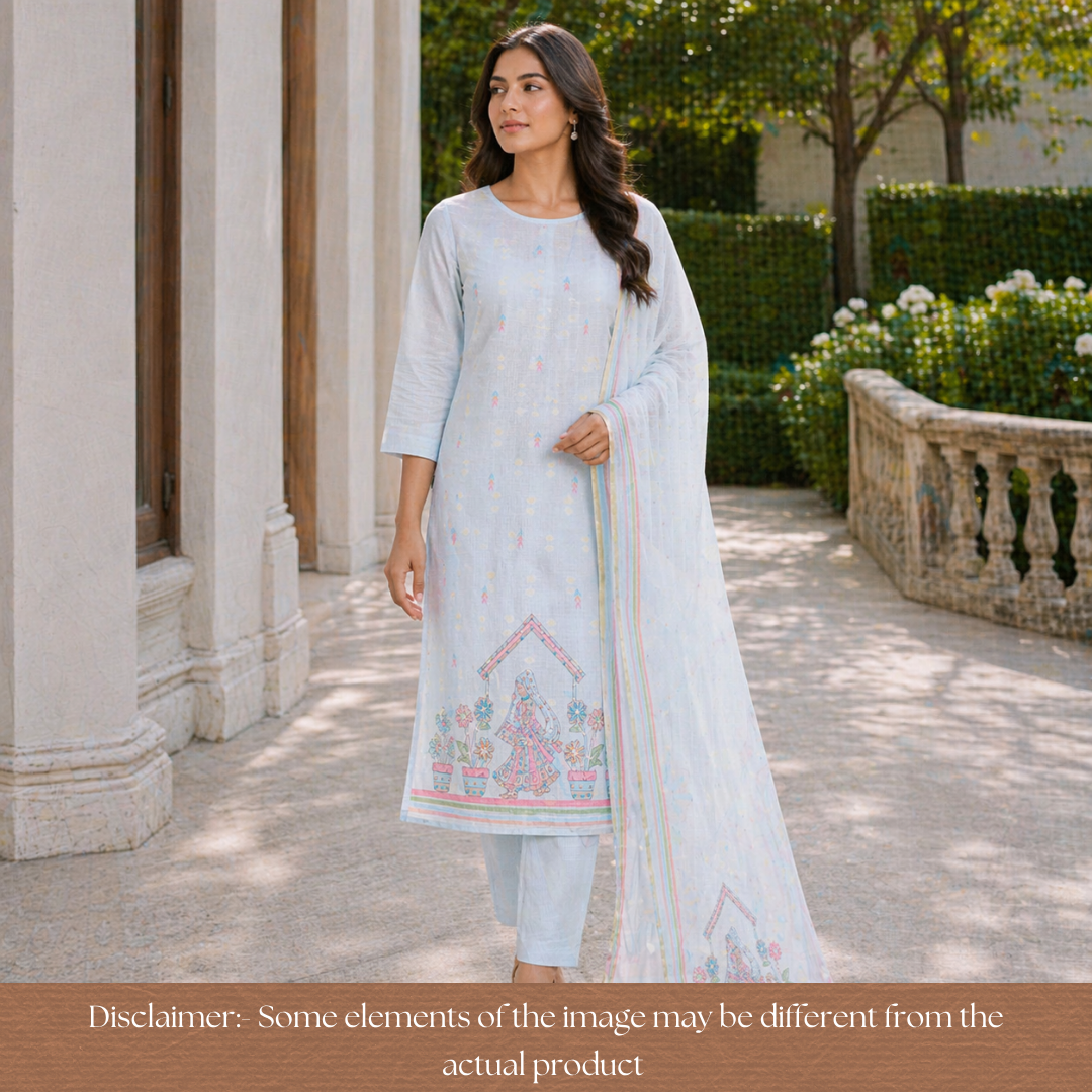 Arya Powder Blue  Digital Print with French Knot Work Kota Doriya Set