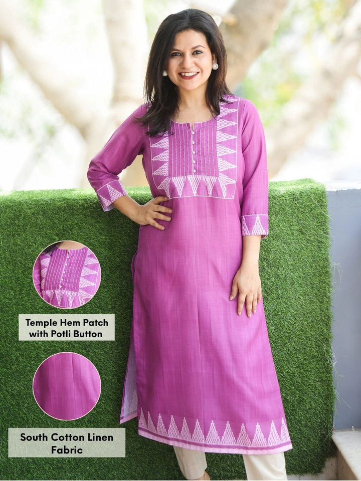 Masumi Tulip Lilac with Temple Hem Print Patch with Potli Button South Cotton Linen Kurti