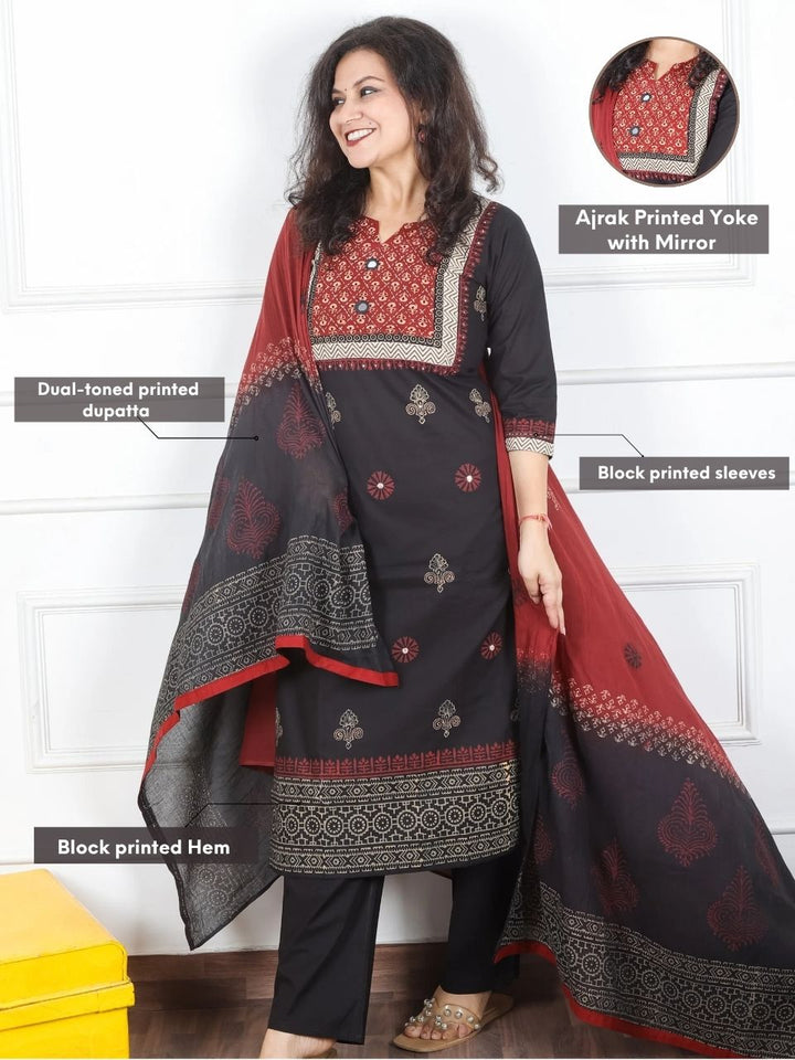 Radhika Faded Black Ajrak Printed Yoke with Mirror Work Cotton 3 Piece Set