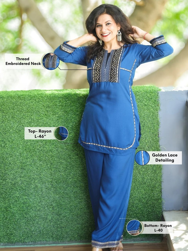 Kiara Royal Blue Thread Embroidered Neck Work Rayon 2 Piece Set