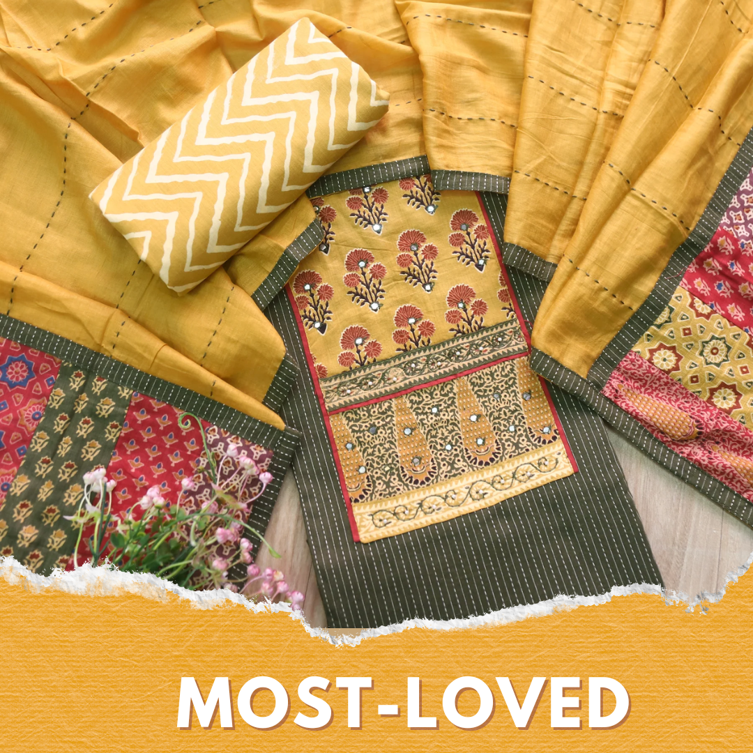 Maahi Forest Green Patch Neck Work with Kantha Cotton Suit Set