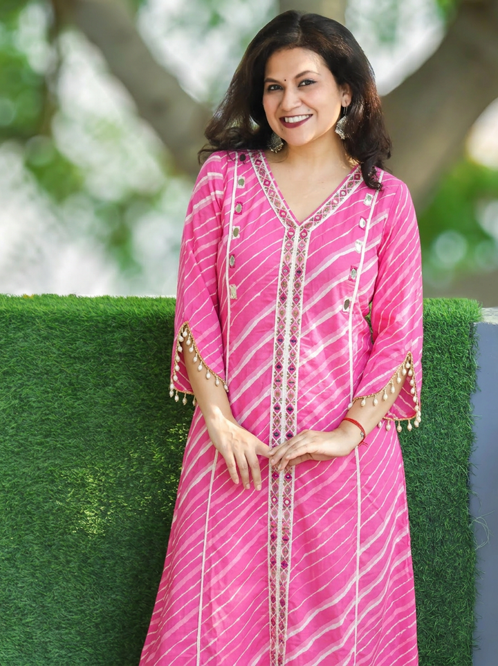 Leher Flamingo Pink Embroidered Lace Panel Leheriya Cotton Kurti