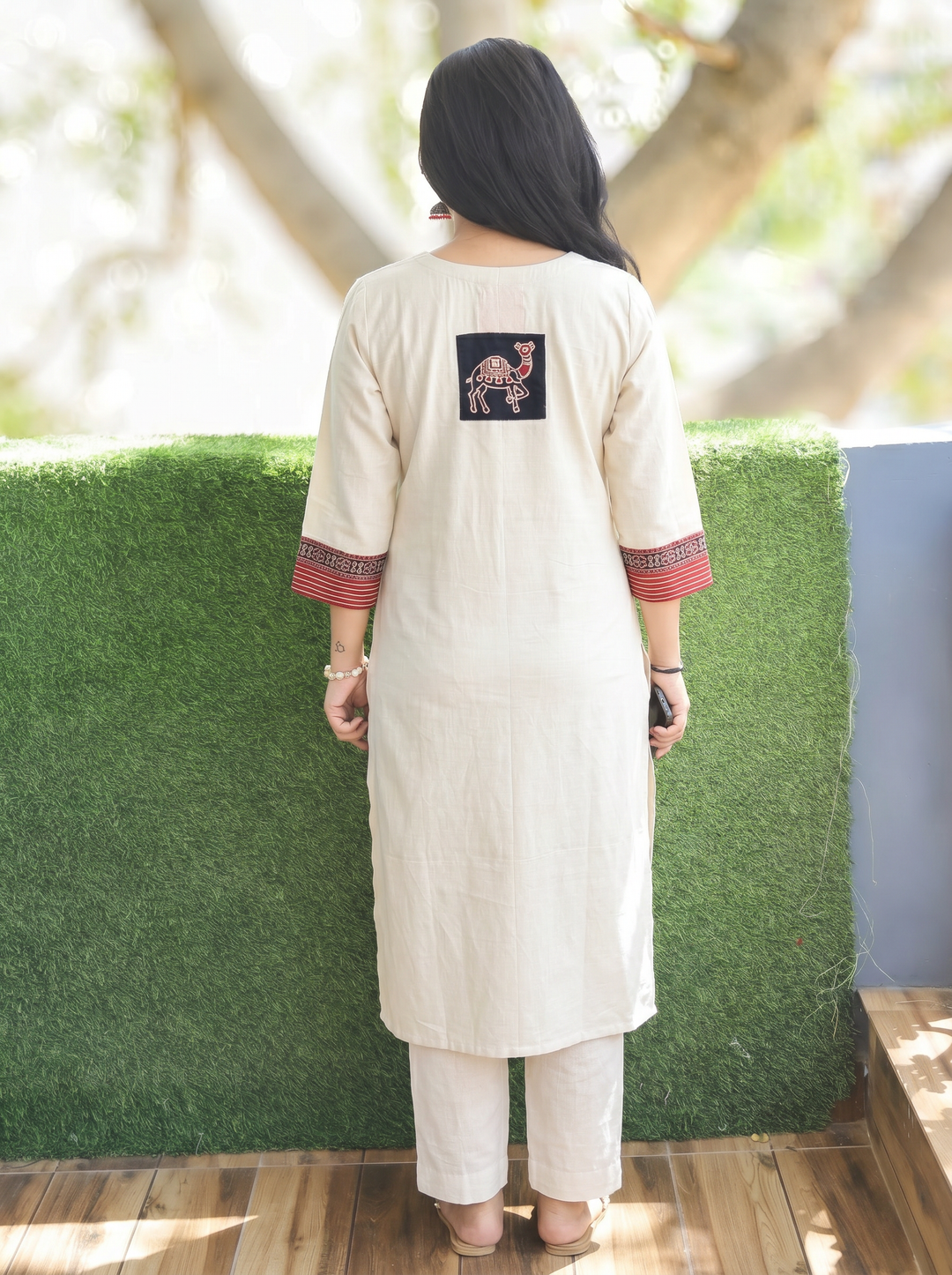 Megha Shwll White Mirror Work Camel Yoke Cotton Kurti