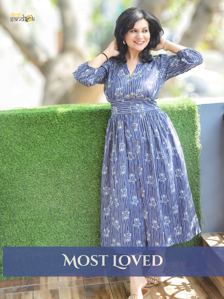 Joe Roce Navy Blue Dabu Print Cotton Dress
