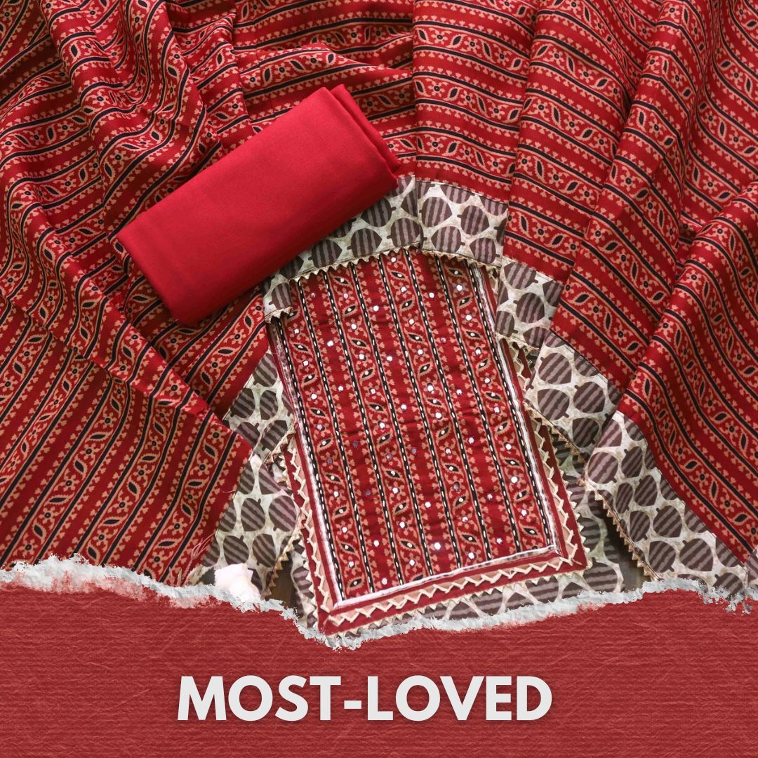 Nazara Faded White Kutch Work Neck Dabu Printed Cotton Suit Set D2