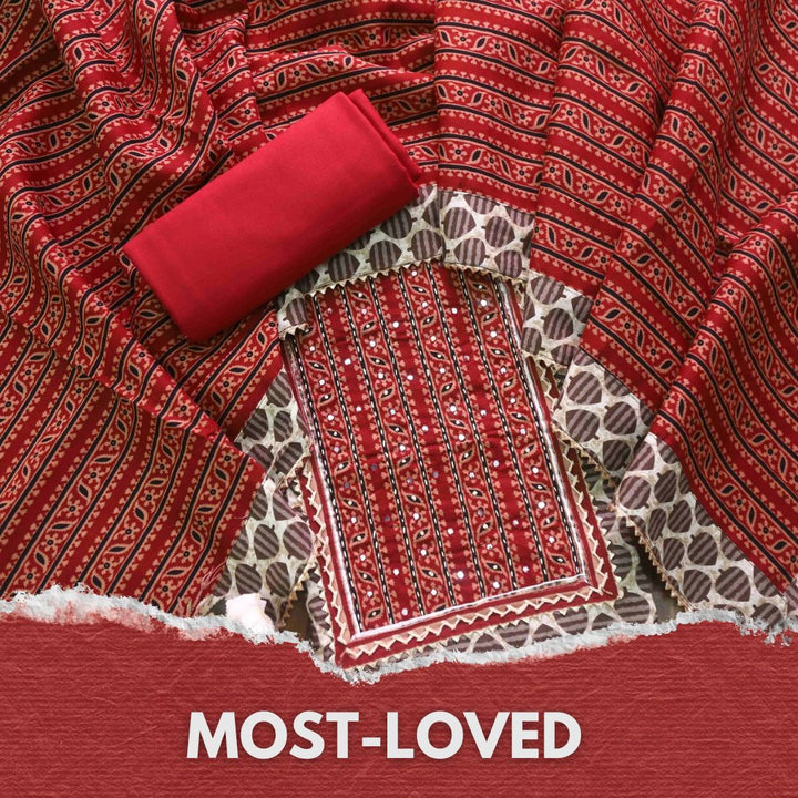 Nazara Faded White Kutch Work Neck Dabu Printed Cotton Suit Set D2