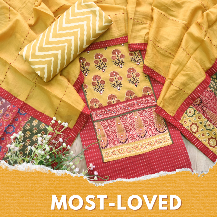 Maahi Apple Red Patch Neck Work with Kantha Cotton Suit Set