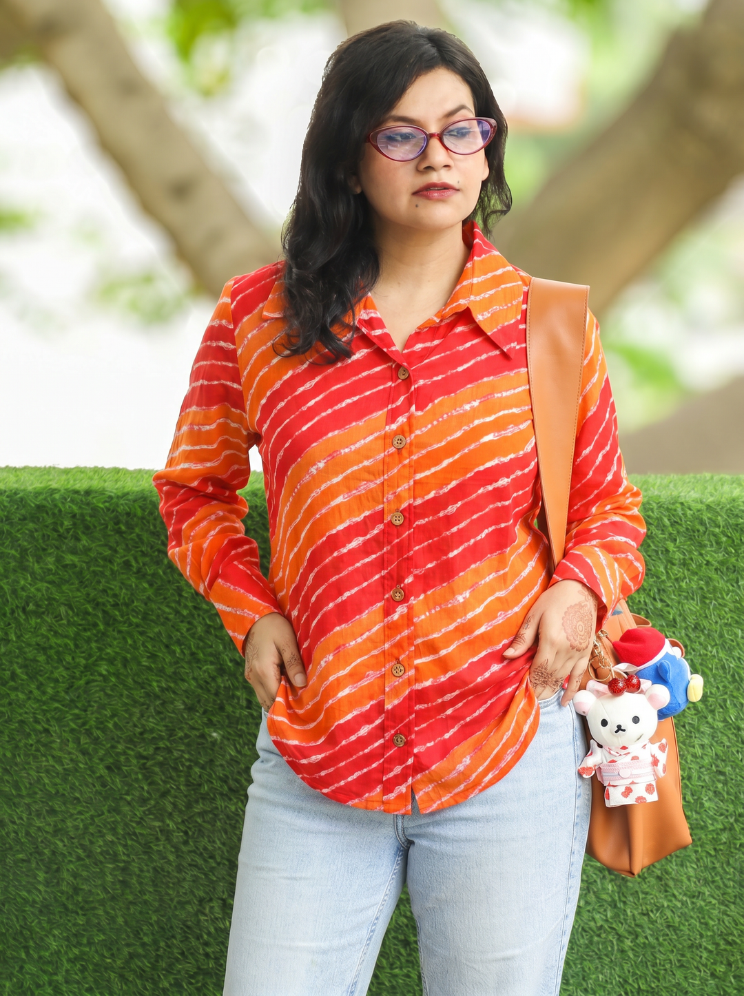 Leher Red Orange Leheriya Print Wood Button Cotton Shirt