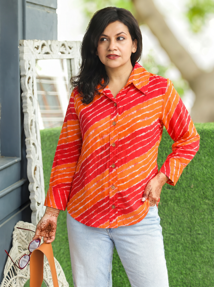 Leher Red Orange Leheriya Print Wood Button Cotton Shirt